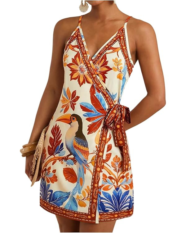 RoseSeek Women's Tropical Print Cami Dress Sleeveless Wrap V Neck Tie Knot Boho Short Dresses | Amazon (US)