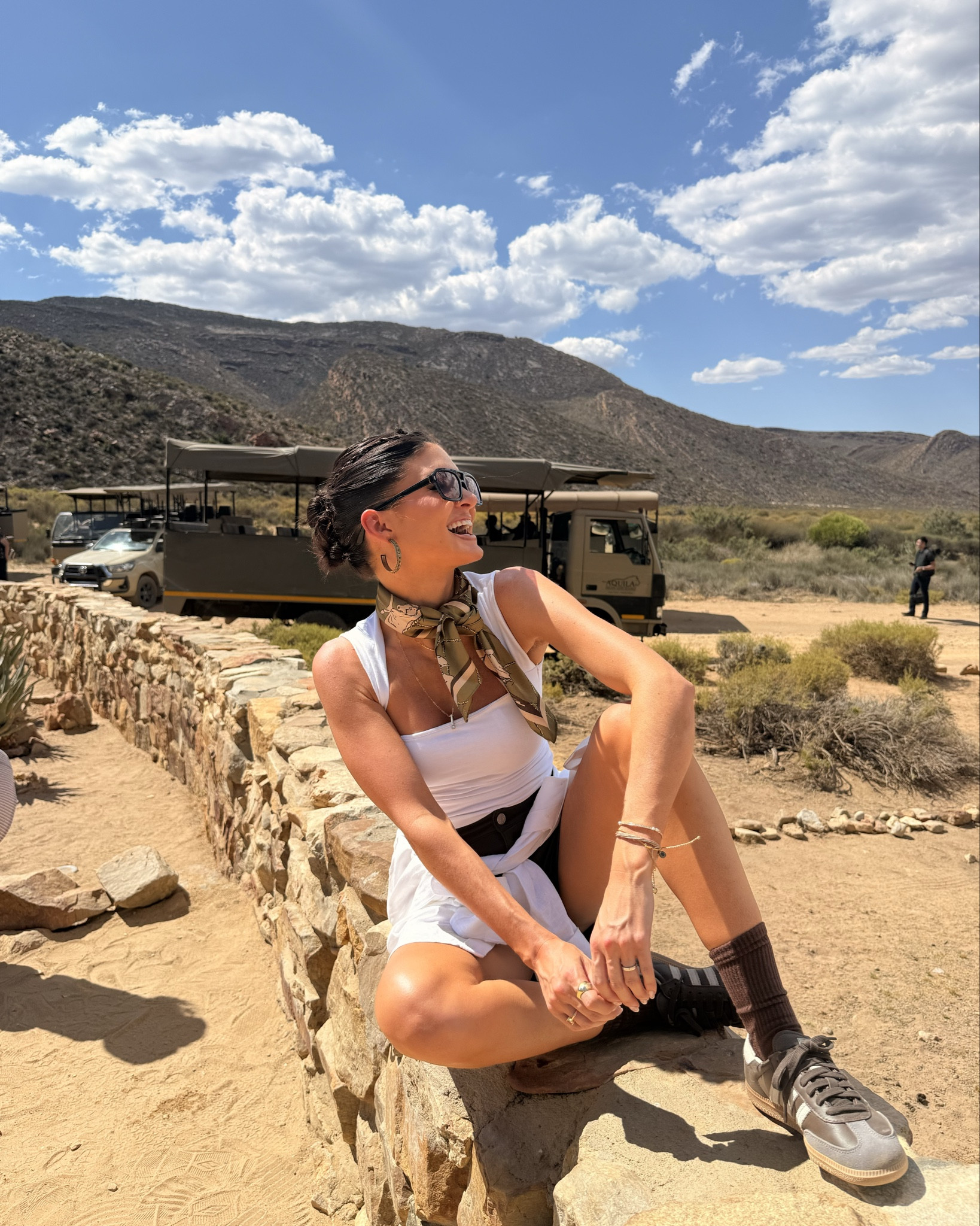 Safari look with espresso brown sambas and Abercrombie layered white shirts with Akira leather brown shorts 