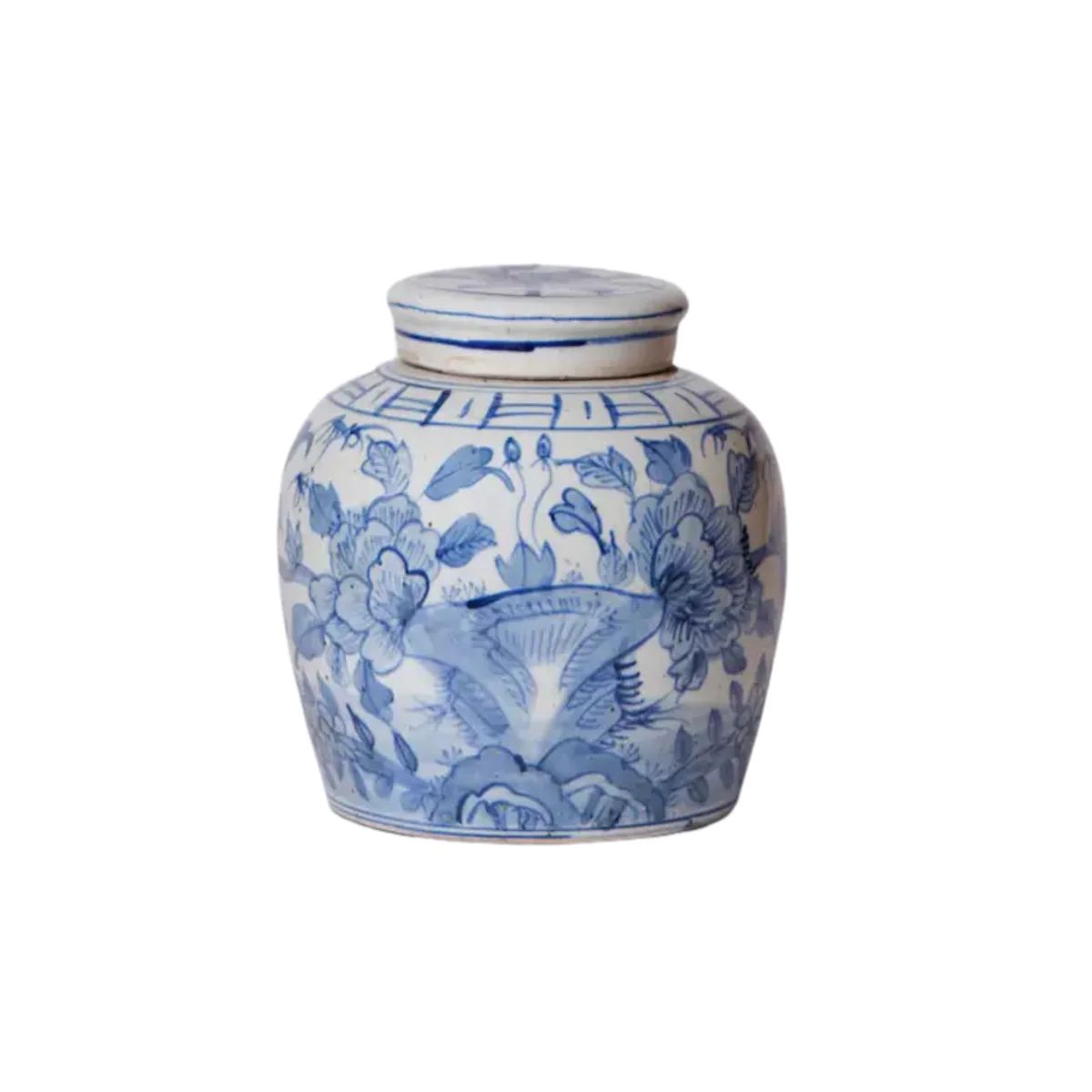 Blue and White Porcelain Rustic Floral Round Storage Jar | The Well Appointed House, LLC