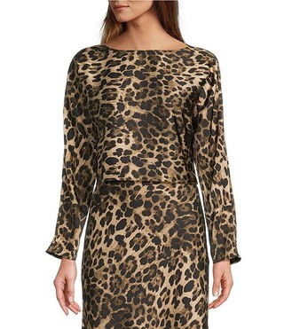 Blyss Leopard Print Satin Boat Neck Long Sleeve Coordinating Blouse | Dillard's