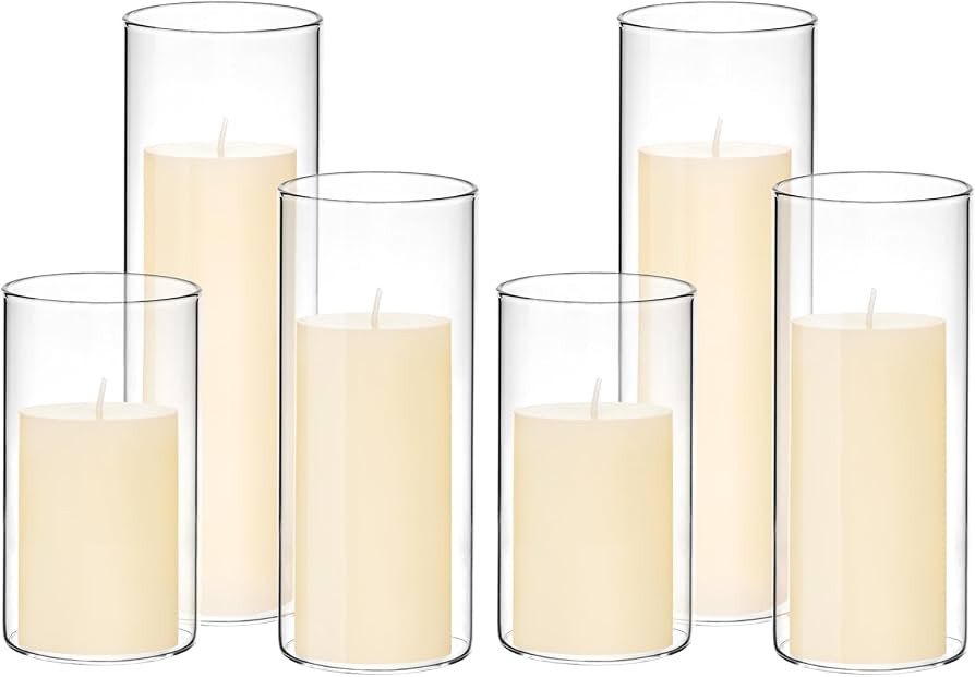 Set of 6 White Pillar Candles with Clear Glass Hurricane Holders- Elegant Cylinder Candle Vases f... | Amazon (US)