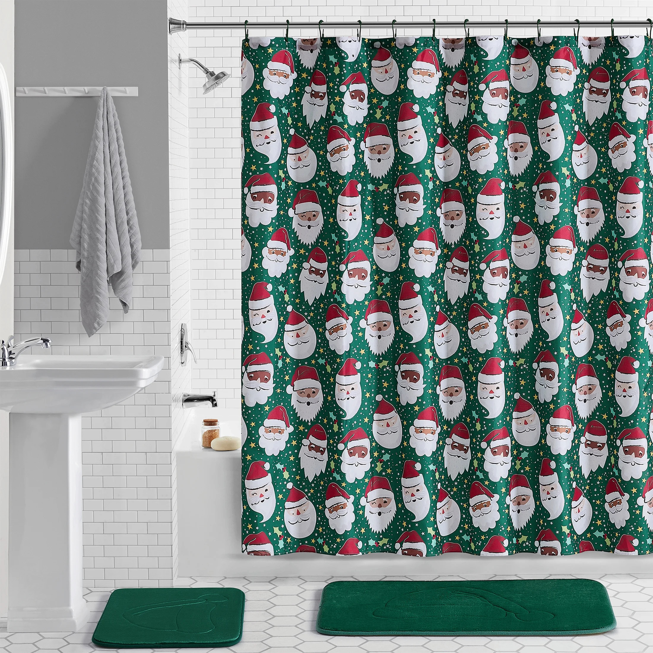 VCNY Home Holiday 15-Piece Christmas Party Santa Shower Curtain Bath Set,  70 x 72, Green | Walmart (US)
