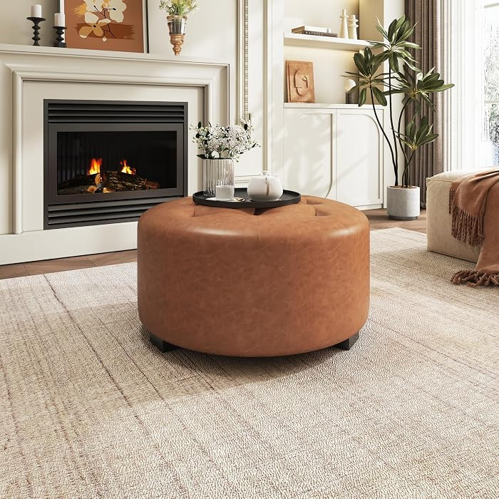 Christopher Knight Home York Faux Leather Upholstered Ottoman, Wooden Round Ottoman Coffee Table,... | Amazon (US)