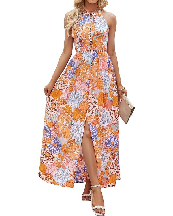 ZESICA Women's 2024 Summer Halter Neck Floral Print Backless Split Beach Party Maxi Dress | Amazon (US)