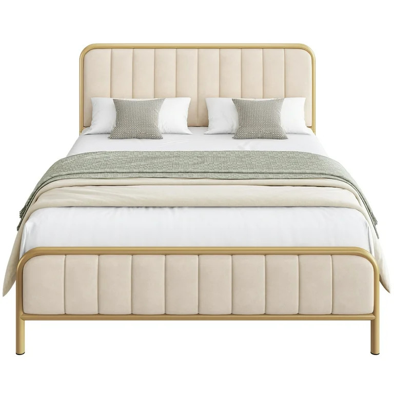 Homfa Queen Size Bed Frame, Metal Tubular Platform Bed Frame with Upholstered Headboard, Beige Wh... | Walmart (US)