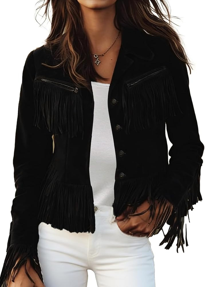 Fringe Jacket Women Faux Suede Vintage Cowgirl Style Tassel Button Up Long Sleeve Lapel Womens We... | Amazon (US)