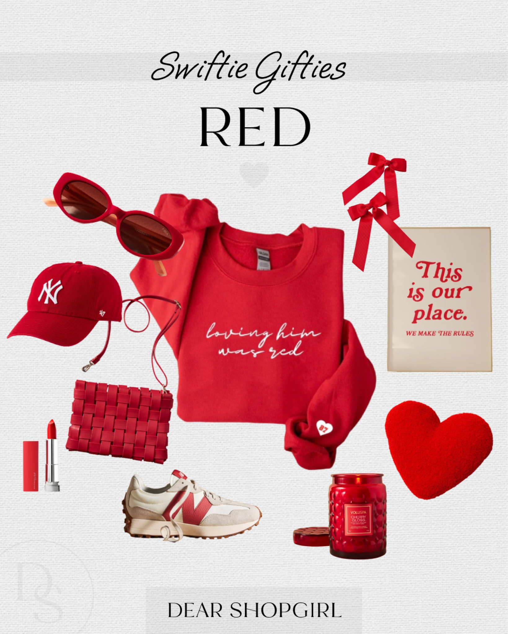 Loving him was red ❤️ Valentine’s Day gift ideas for any Taylor Swift fan! Swiftie sweatshirt, this is our place wall art, red hair bow clips, heart pillow, glass candle, red new balance sneakers, red lipstick, red purse, red New York hat, red sunglasses

#LTKGiftGuide #LTKSeasonal #LTKkids