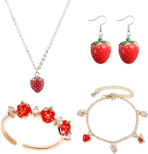 FUTIMELY 4 Pcs Strawberry Jewelry Set for Women Teen Girls Red Strawberry Necklace, Strawberry Ea... | Amazon (US)