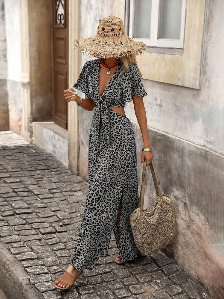 Brillora Woven Leopard Print Waist Cut-Out Short Sleeve Fitted Dress For Women | SHEIN