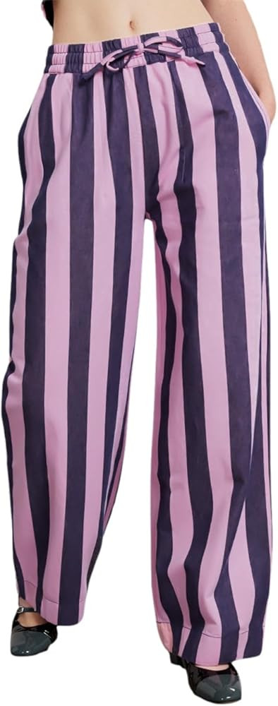 LifeShe Women Striped Jeans Wide Leg Trousers Casual Drawstring Elastic Waist Denim Pants with Po... | Amazon (US)