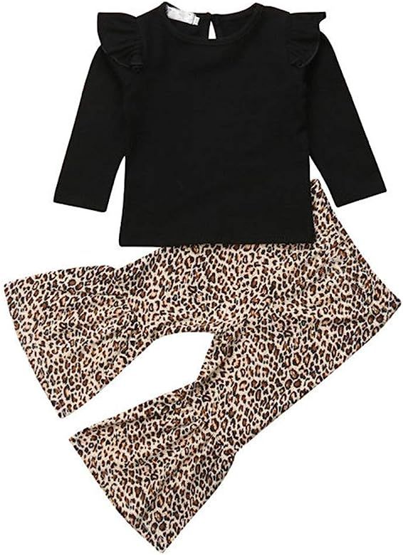 Baby Girls Lace Off Shoulder Crop Tube Top+High Waist Long Leopard Pants Bell Bottom Leggings Set | Amazon (US)