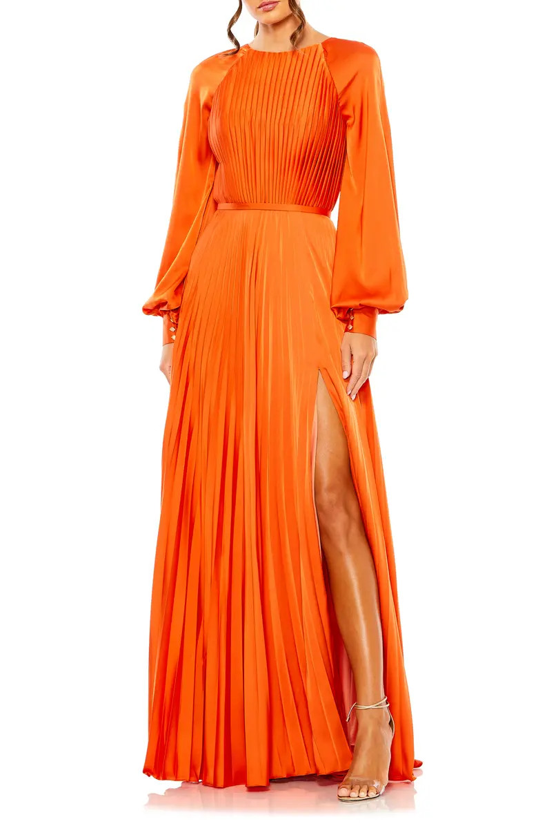 Ieena for Mac Duggal Pleated Long Sleeve Satin A-Line Gown | Nordstrom | Nordstrom