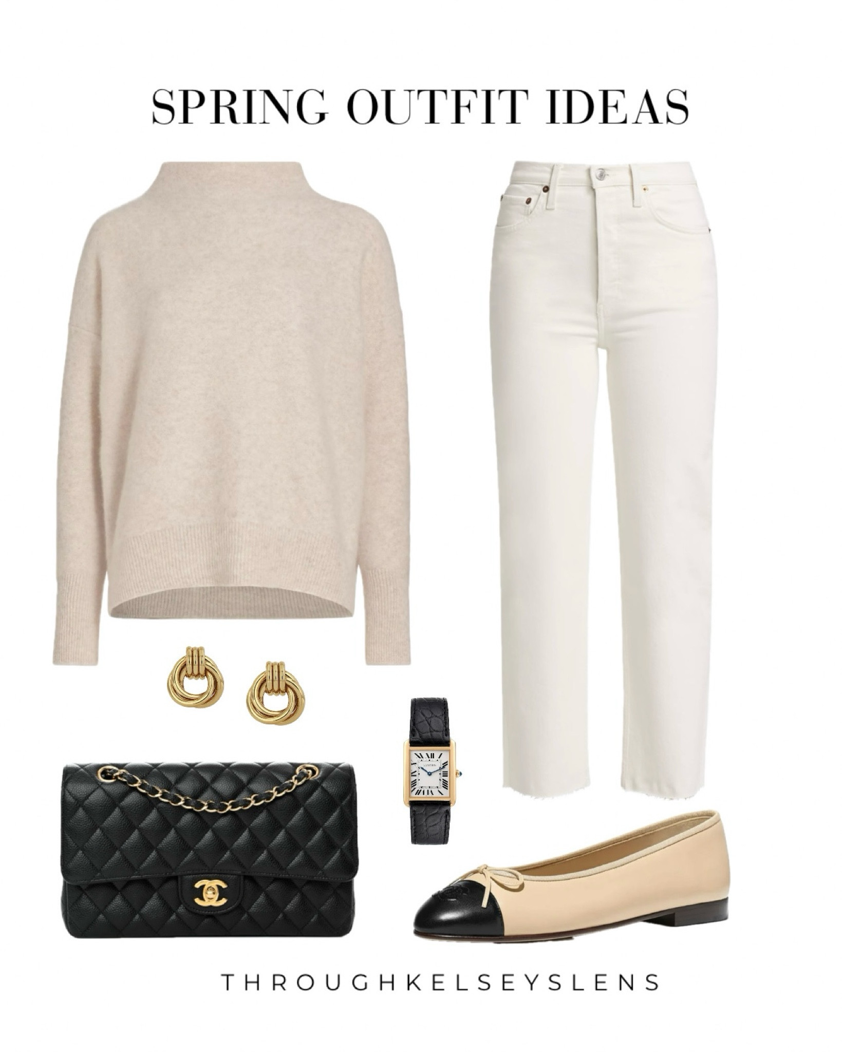 Spring outfit ideas
- Vince cashmere funnel neck sweater in marble 
- White straight leg jeans
- Chanel beige and black cap toe ballet flats
- Chanel classic flap in black caviar
- Cartier tank watch
- Anine Bing triple knot earrings