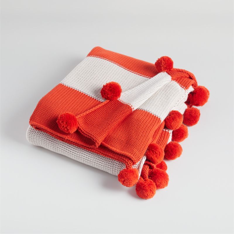Red Knit Pom Pom Blanket | Crate & Kids | Crate & Barrel