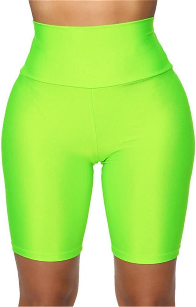 Hupplle Women's Neon Shiny Biker Shorts High Waisted Stretchy Athletic Cycling Shorts Workout Run... | Amazon (US)