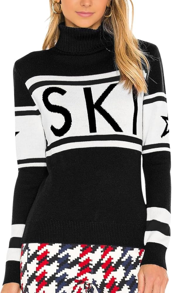 Womens Ski Turtleneck Sweaters Striped Color Block Long Sleeve Pullover Sweater Knitwear Tops | Amazon (US)
