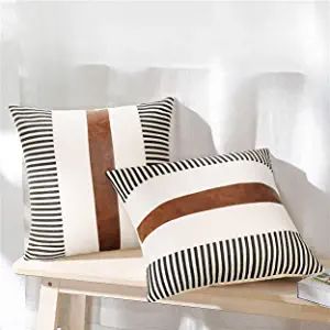 JASEN Set of 2 Farmhouse Stripe Patchwork Linen Throw Pillow Covers, Brown Faux Leather Modern De... | Amazon (US)