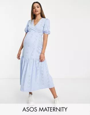 ASOS DESIGN Maternity eyelet short sleeve tiered wrap midi dress in cornflower blue | ASOS (Global)