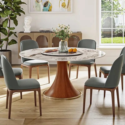 Farmhouse Glossy Sintered Stone Round Dining Table With Lazy Susan For 6-8 with Wood Pedestal Base | Wayfair North America