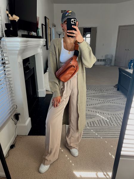 Mom on the go outfit,
Comfiest trousers- I got them in 6long-(I’m 5’7’’) maxi cardi Size medium, amazon tee, size small, and diapers belt bag!

#LTKitbag #LTKunder100 #LTKstyletip