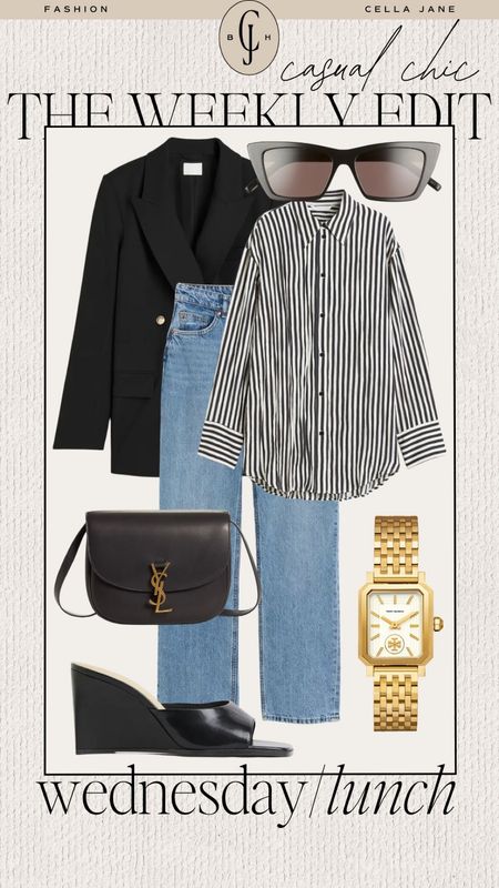 The Cella Jane weekly style edit. Casual chic. Wednesday lunch. Blazer, button down, jeans, wedges. #styleinspiration #casualstyle

#LTKstyletip