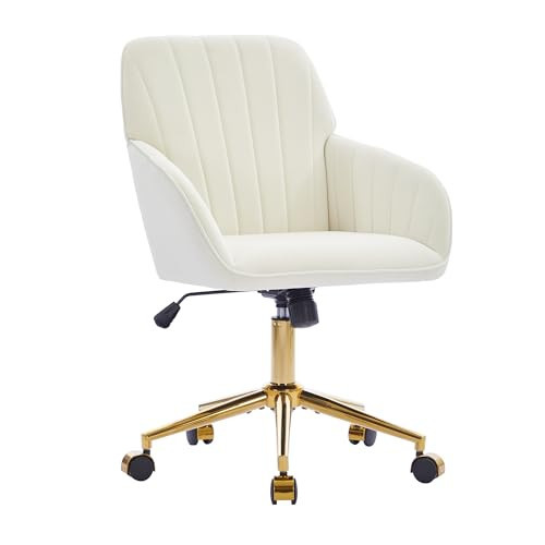 xifan space Velvet Home Office Desk Chair, Modern Cute Computer Task Chair with Back, Height Adjustable Upholstered Vanity Chair with Swivel Wheels for Women, Girls (Gold Base, Cream | Amazon (US)