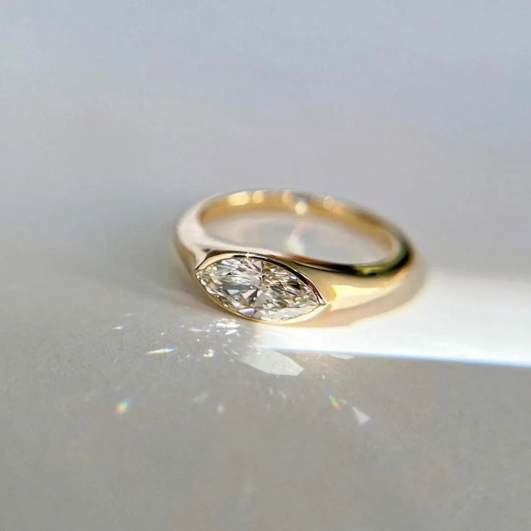 East West 1.5CT Marquise Cut Moissanite Engagement Ring, Solitaire Bezel Set Ring, 14K Solid Yell... | Etsy (US)