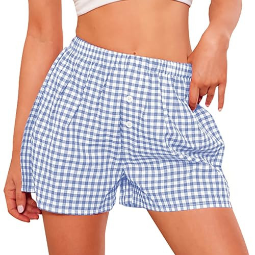 PRETTYGARDEN Womens Shorts Boxers 2025 Summer Gingham Pajama Lounge Sleep Y2K Plaid Pj Shorts Beach Bottoms(Light Blue,XX-Large) | Amazon (US)