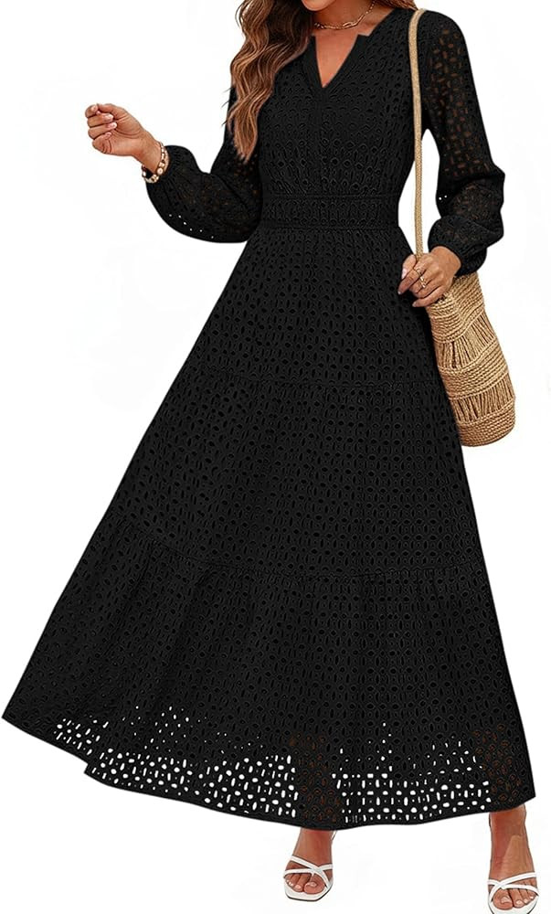 PRETTYGARDEN Women's Long Sleeve Maxi Dress V Neck Hollow Out Eyelet A Line Long Flowy 2025 Fall ... | Amazon (US)