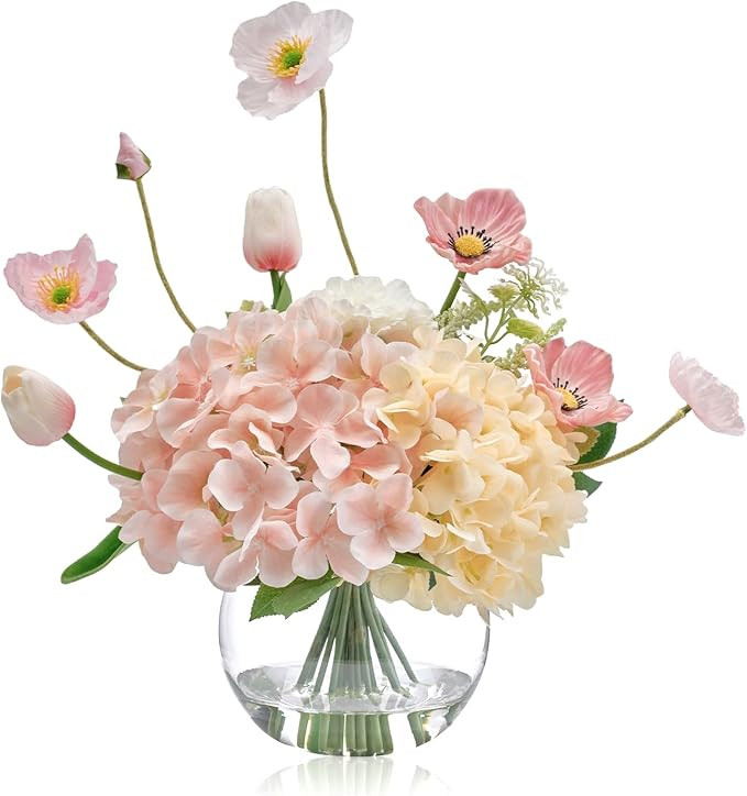 Artificial Flowers in Vase with Fake Water, Pink & Champagne Silk Hydrangea Fake Tulip Flower Bou... | Amazon (US)