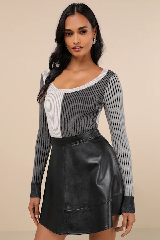 Mod Cutie Grey Color Block Ribbed Long Sleeve Bodysuit | Lulus