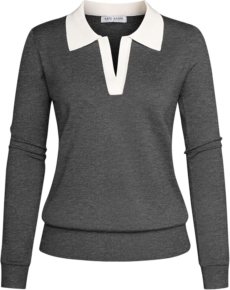 Kate Kasin Women Long Sleeve Polo Sweater V Neck Knitted Tops Casual Ribbed Shirt Loose Pullover ... | Amazon (US)
