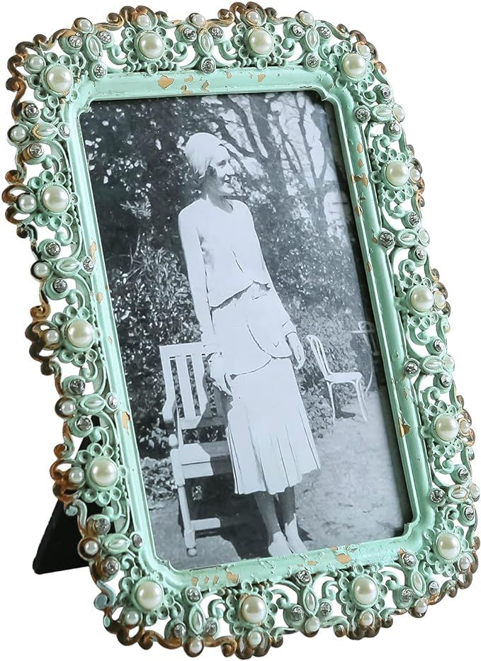 NIKKY HOME 4x6 Antique Green Jeweled Pearl Picture Frame with High Definition Glass for Table Top... | Amazon (US)