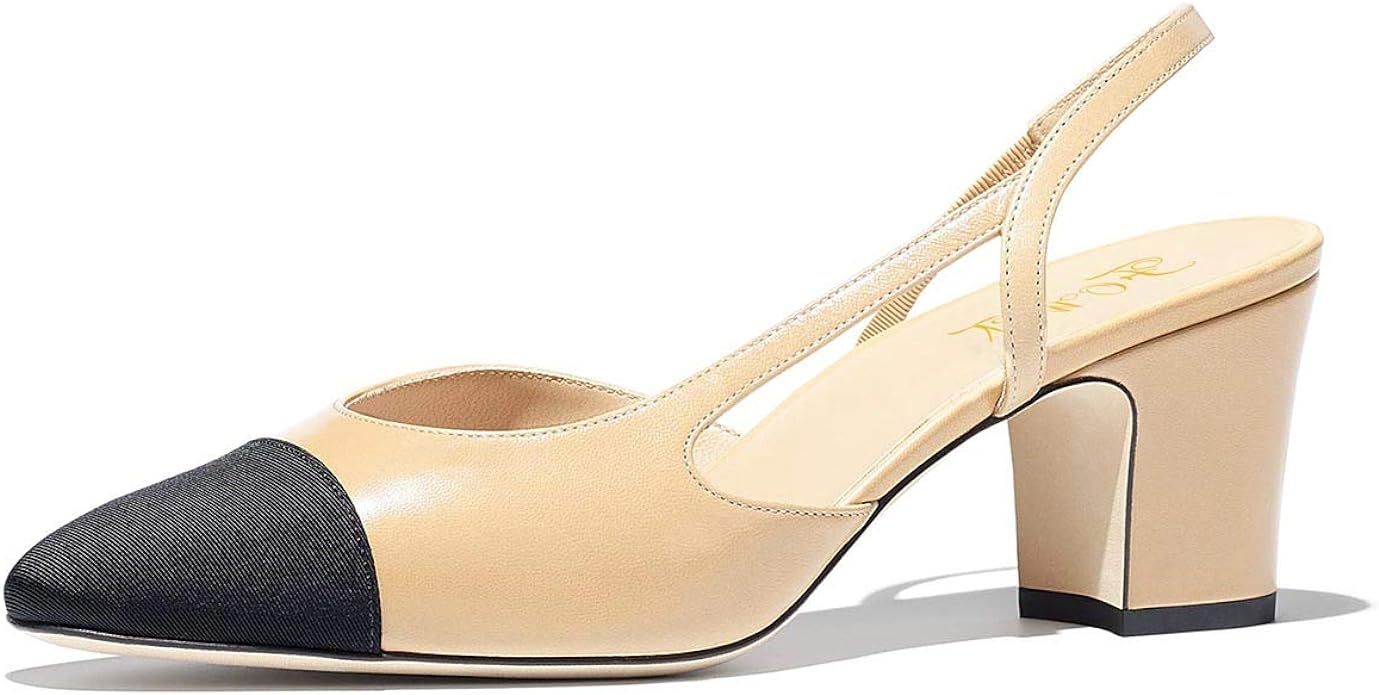 FOWT Chunky Heel Cap Toe Slingback Tow Toned Pumps for Women Mid Block Heel Almond Pointy Toe Qua... | Amazon (US)