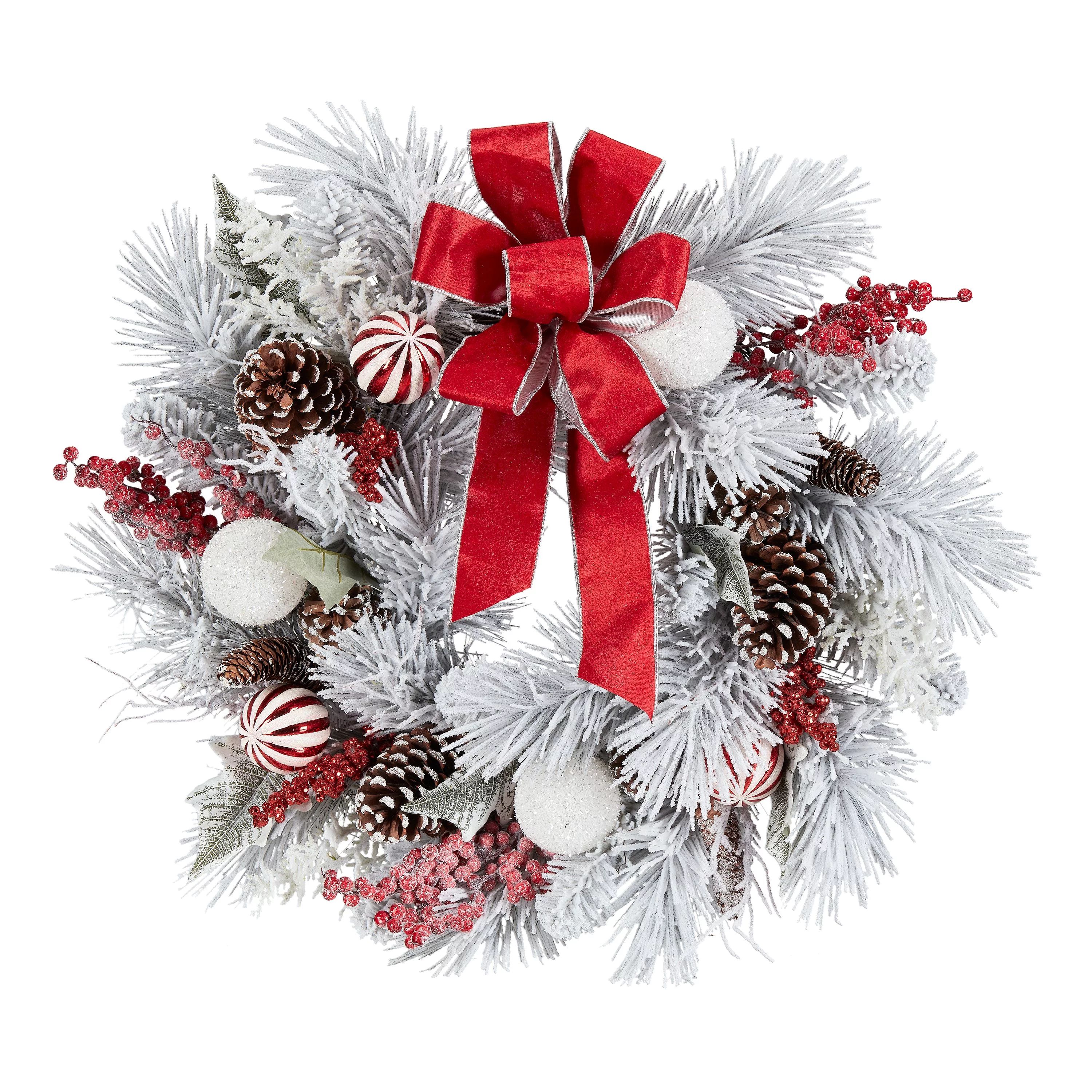 Holiday Time Pine and Ornament Flocked Christmas Wreath Decoration, 28" - Walmart.com | Walmart (US)