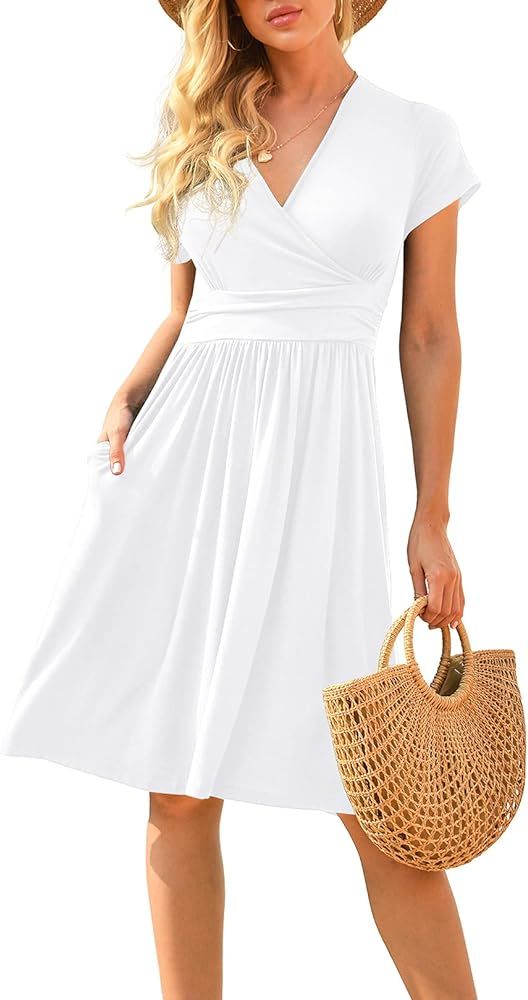 LILBETTER Women's Summer Casual Short Sleeve V-Neck Short Party Dress with Pockets | Amazon (US)