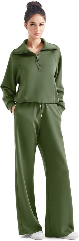 SUUKSESS Women 2 Piece Lounge Matching Set Wide Leg Sweatpant Half Zip Sweatshirt | Amazon (US)