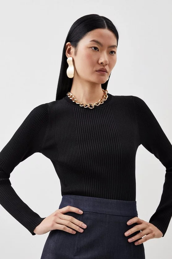 Viscose Blend Rib Crew Neck Knit Jumper | Karen Millen | Karen Millen UK + IE + DE + NL