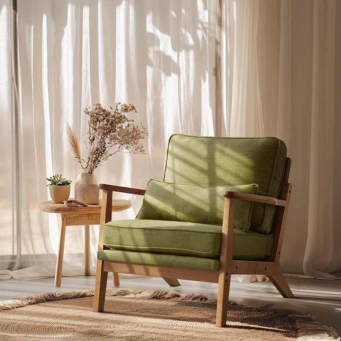 VINGLI Solid Wood Wide Armrests Accent Chair,Upholstered Mid Century Modern Chair with Pillow,Com... | Amazon (US)