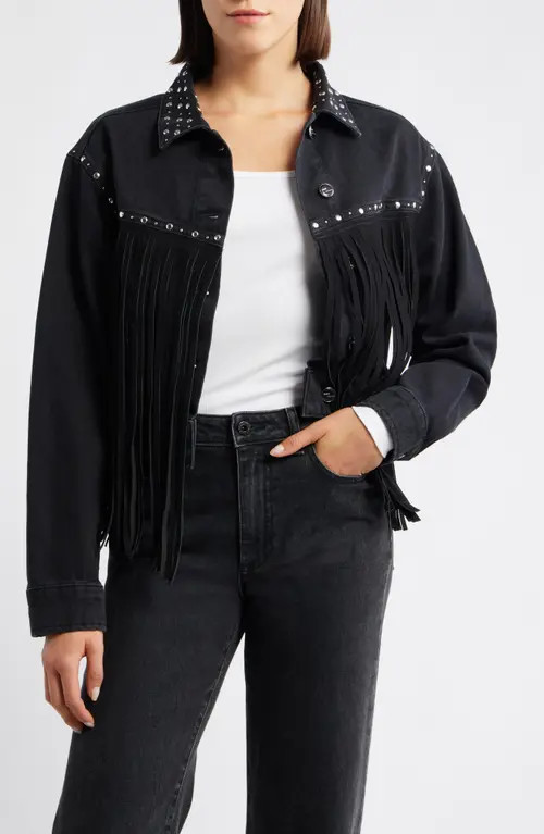 Mavi Jeans Jenna Smoke Fringe Stud Detail Denim Jacket in Smoke Fringe Denim at Nordstrom, Size X-Small | Nordstrom