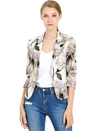 Allegra K Women's Open Front Office Work Business Casual Lightweight Summer Crop Suit Blazer Small Beige Purple-Floral | Amazon (US)