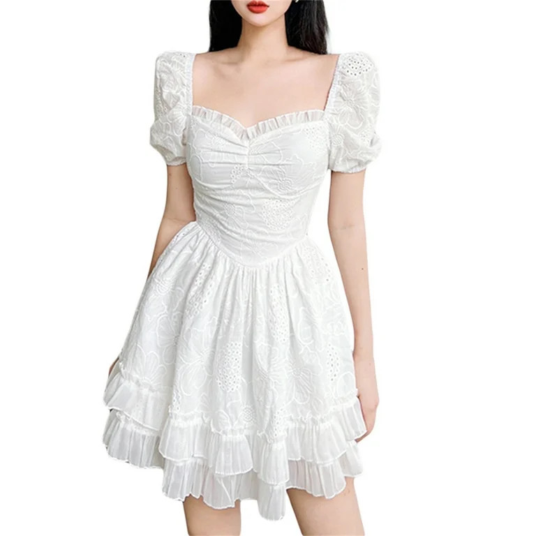 Blotona Women Teen Princess White Mini Dress Puff Sleeve Mesh Mini Dress Ruffle Tulle Short Dress... | Walmart (US)