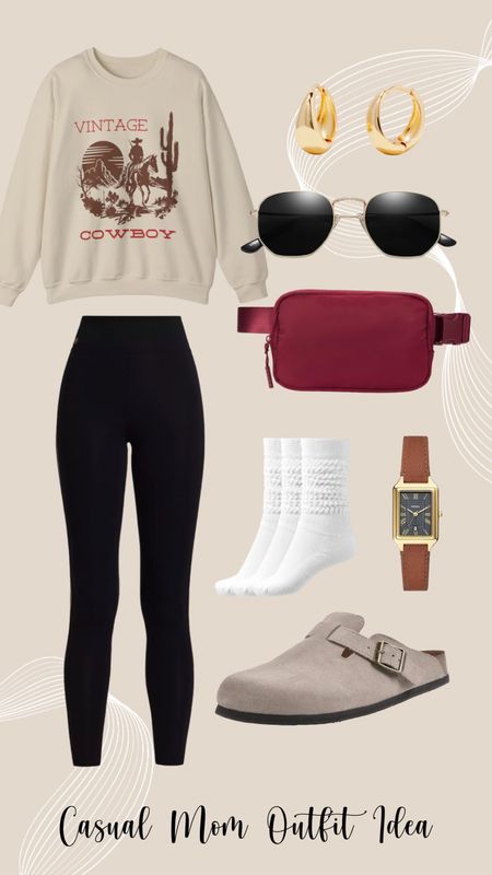 Super casual mom outfit idea featuring leggings, an oversized cowboy sweatshirt that also is available in plus sizes, berkinstock inspired shoes under $40 and the cutest leather watch under $100! 

#LTKmidsize #LTKSeasonal #LTKstyletip