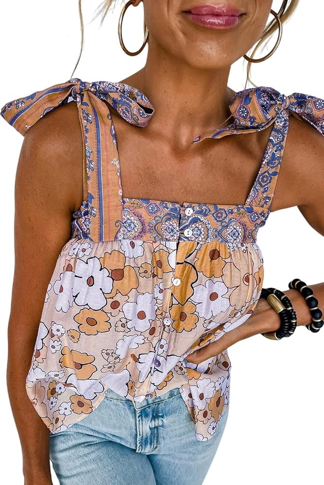 EARKOHA Womens Summer Top Casual Yellow Floral Patchwork Tied Straps Buttoned Tank Top | Amazon (US)
