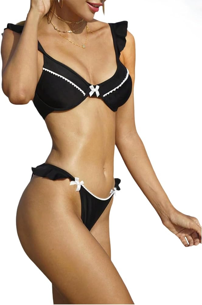Women's 2 Piece Plain Bikini Set V Neck Ruffle Trim Bow Triangle Set High Cut Bikini Swimsuit Bat... | Amazon (US)