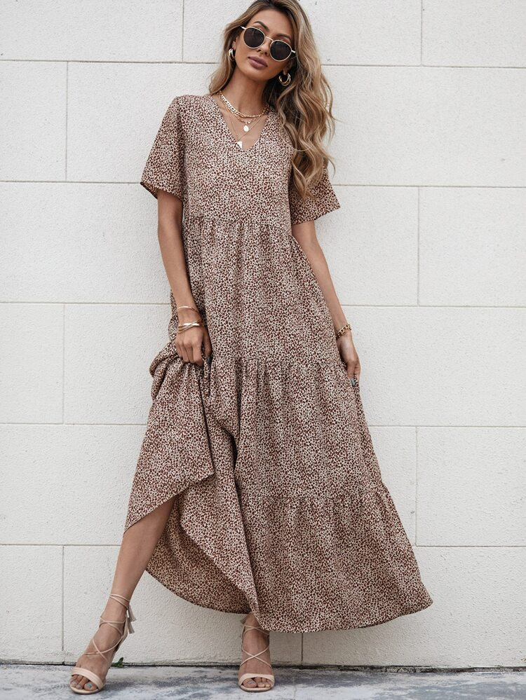 Leopard Print Ruffle Hem Smock Dress | SHEIN