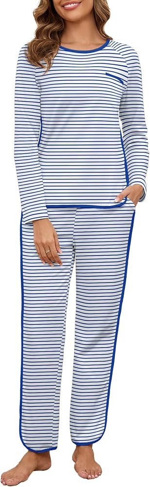Womens Cotton Pajama Sets Stripe 2 Piece Lounge Set Long Sleeve Comfy Pj Sets Fall Loungewear Sle... | Amazon (US)