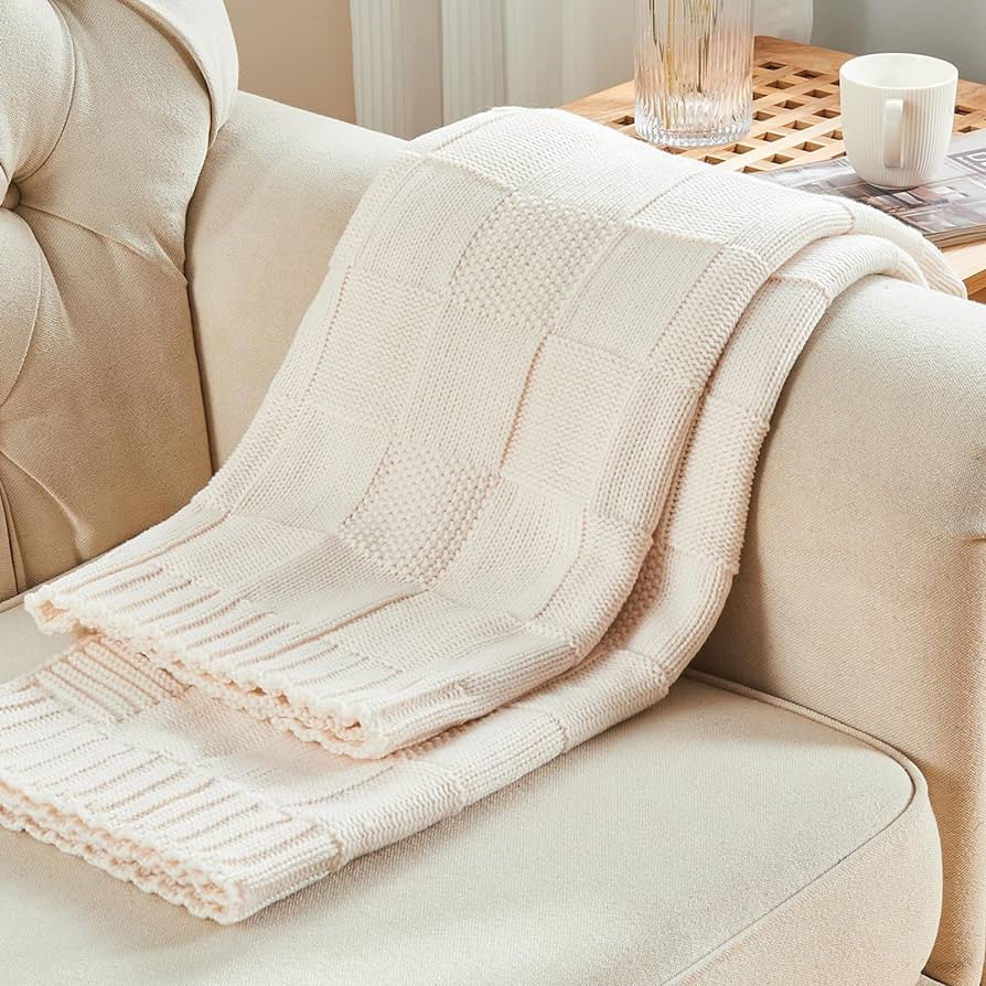 Knit Throw Blanket, White Checkered Throw Blanket for Couch, Soft Cozy Knitted Throw Blanket for Bed Sofa,Decorative Spring Fall Throw Blanket 50"X60", Cream White | Amazon (US)