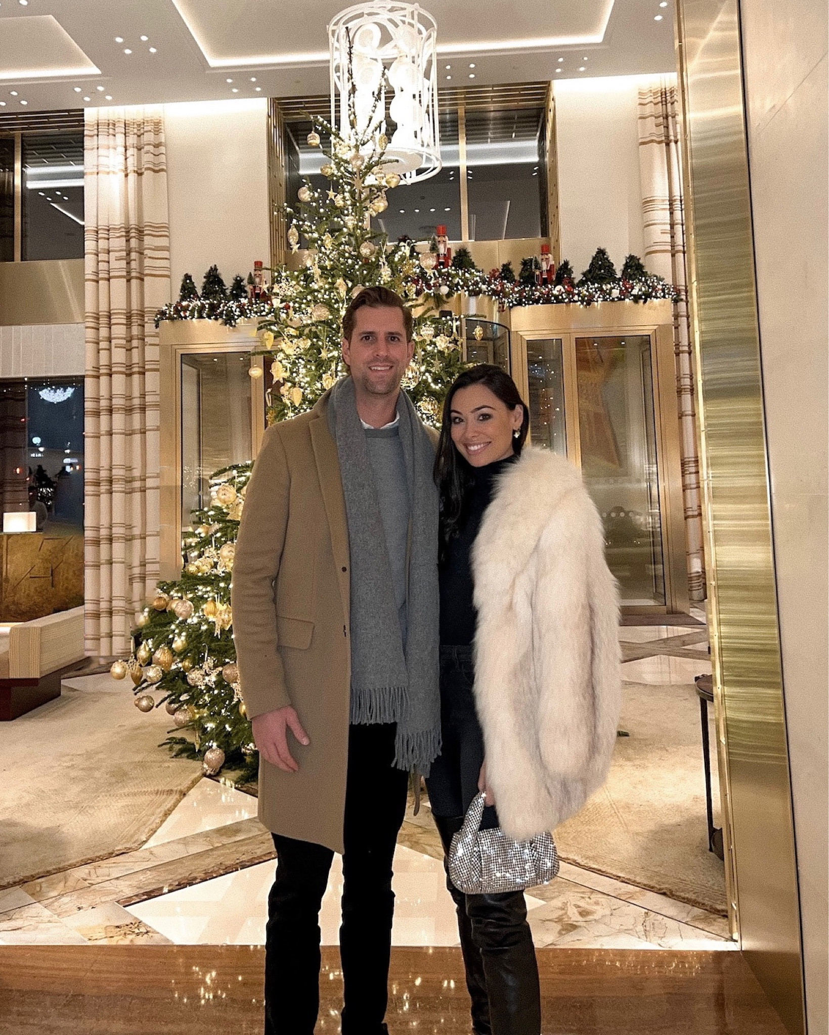 Kat Jamieson of With Love From Kat shares a couple's date night outfit. Vintage fur coat, similar linked below! Camel coat, grey sweater, grey scarf, turtleneck bodysuit, black jeans, leather OTK boots, crystal embellished mini bag, date night, Paris style.

#LTKmens #LTKstyletip #LTKSeasonal