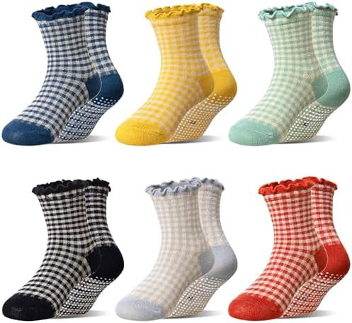 Eocom Toddler Ruffle Socks Baby Girls Non Slip Frilly Dress Cotton Grips Socks 6 Pairs | Amazon (US)